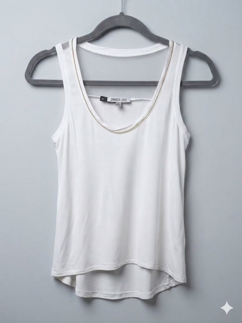 Jennifer Lopez White Tank Top with Embellished Neckline & Mesh Detail - Size XS